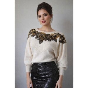 Cedars Embellished Silk Wool Knit Dolman Sweater Sz M Vtg 80s Luxury Maximalist